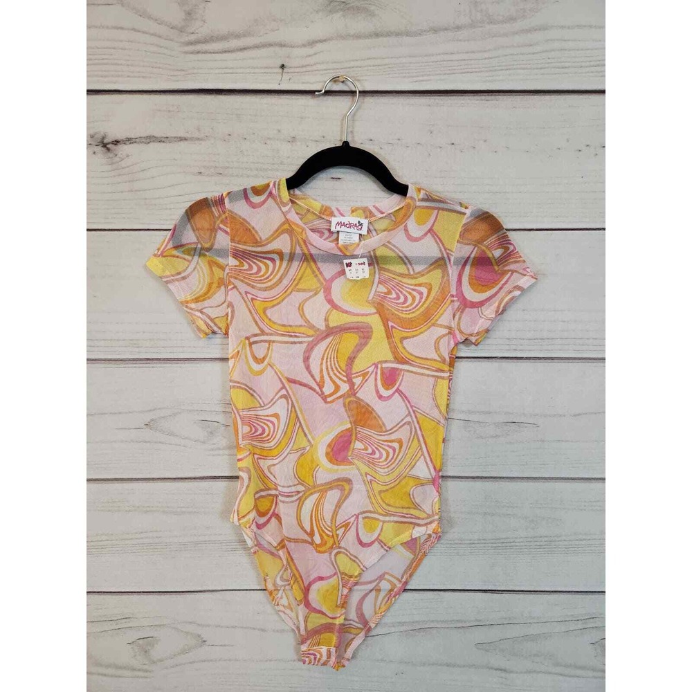 Madrag Small Pink Yellow Mesh Bodysuit Retro Psychedelic Swirl Short‎ Sleeve